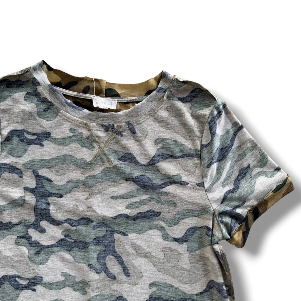 Hem & Thread Womens S Green Tan Camo Short Sleeve Double Layer Raw Seam Tee Boho